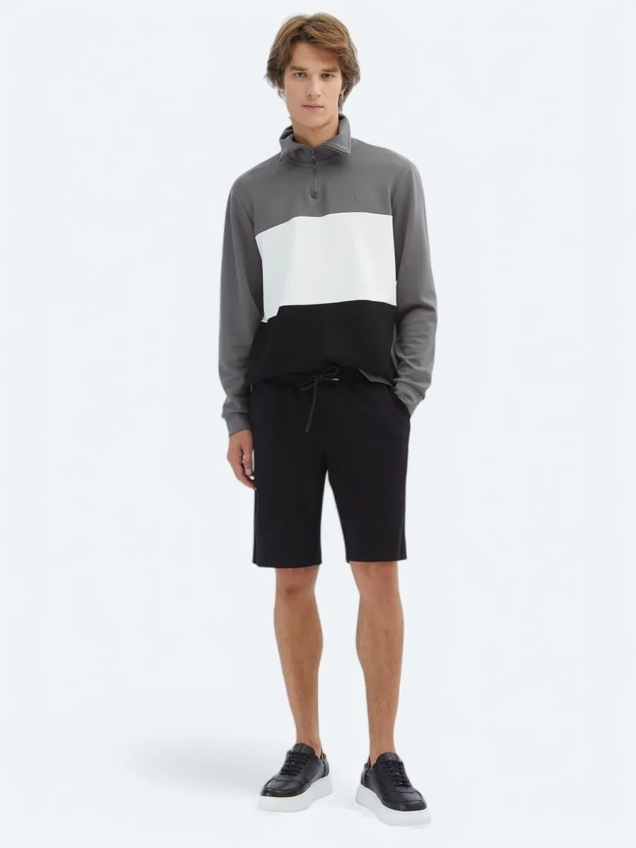 Siyah Düz Örme Jogging Fit Spor Bermuda - 1