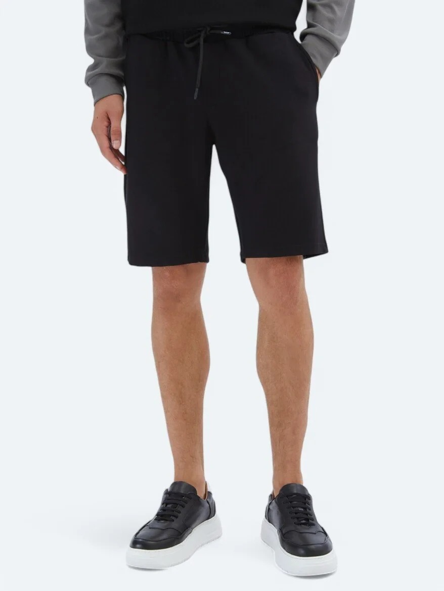 Siyah Düz Örme Jogging Fit Spor Bermuda - 2