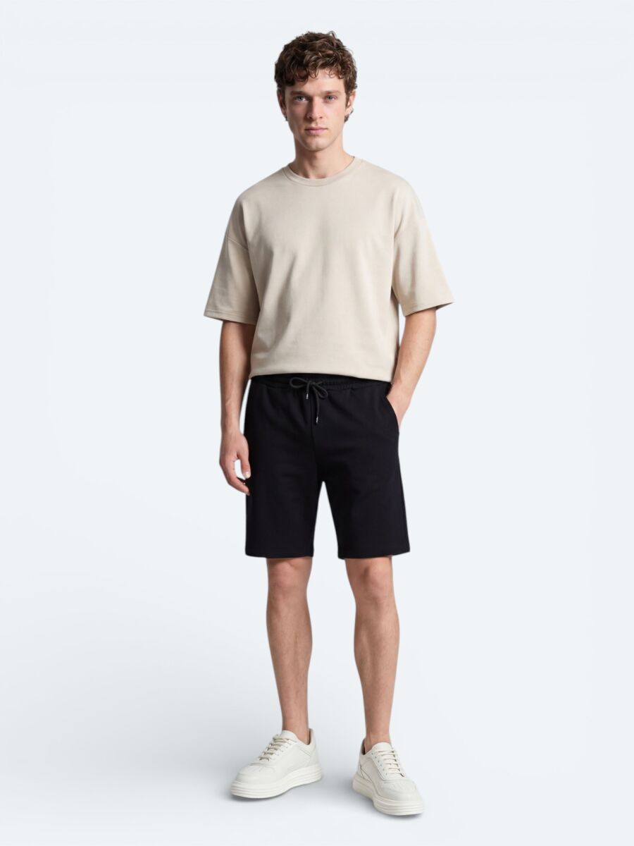 Siyah Düz Örme Regular Fit Casual Bermuda - 2