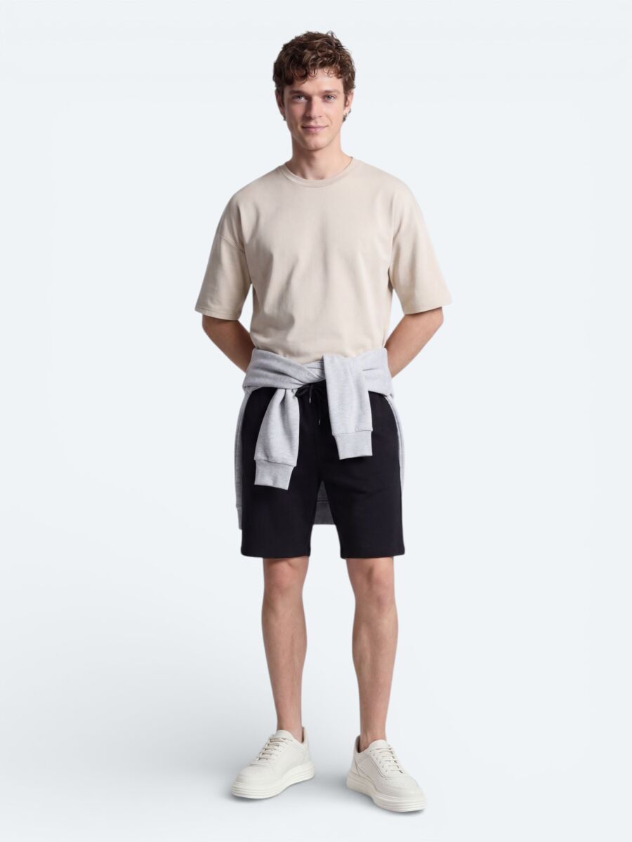 Siyah Düz Örme Regular Fit Casual Bermuda - 4