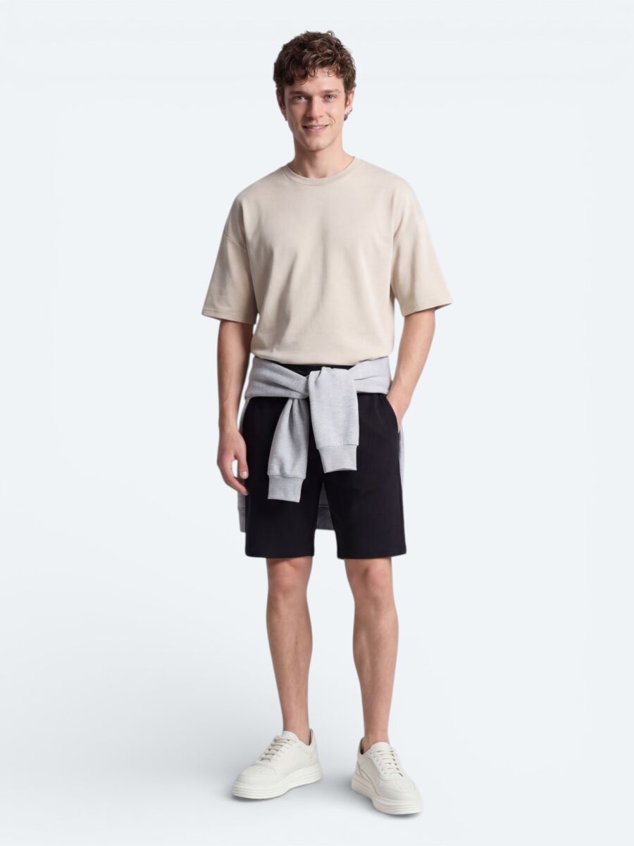 Siyah Düz Örme Regular Fit Casual Bermuda - 5