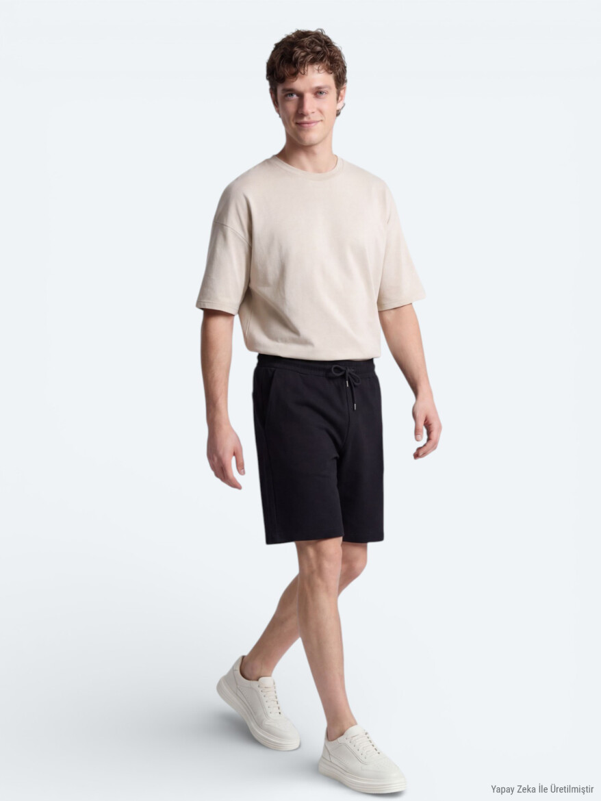 Siyah Düz Örme Regular Fit Casual Bermuda - KİP