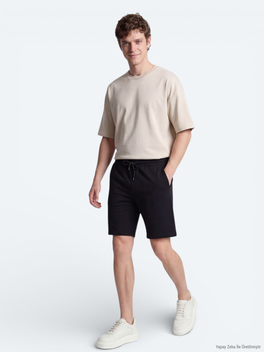Siyah Düz Örme Regular Fit Casual Bermuda - 3