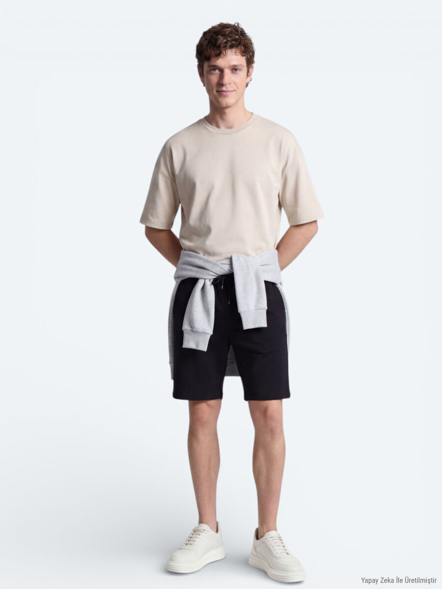 Siyah Düz Örme Regular Fit Casual Bermuda - 4