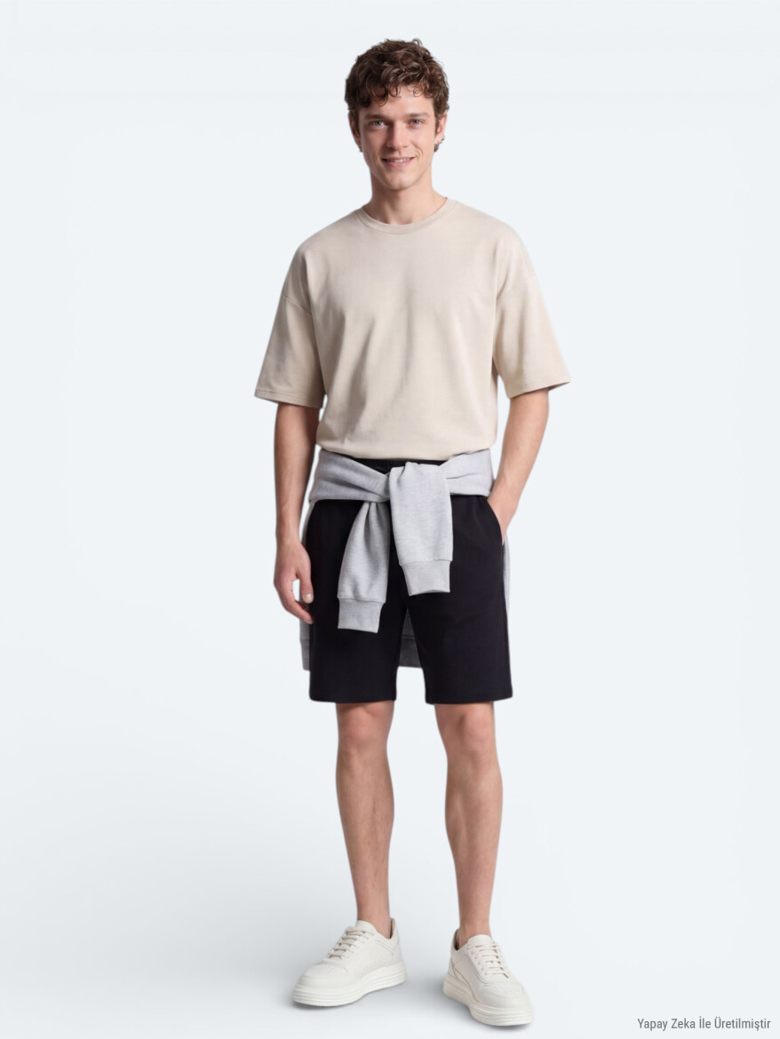 Siyah Düz Örme Regular Fit Casual Bermuda - 5