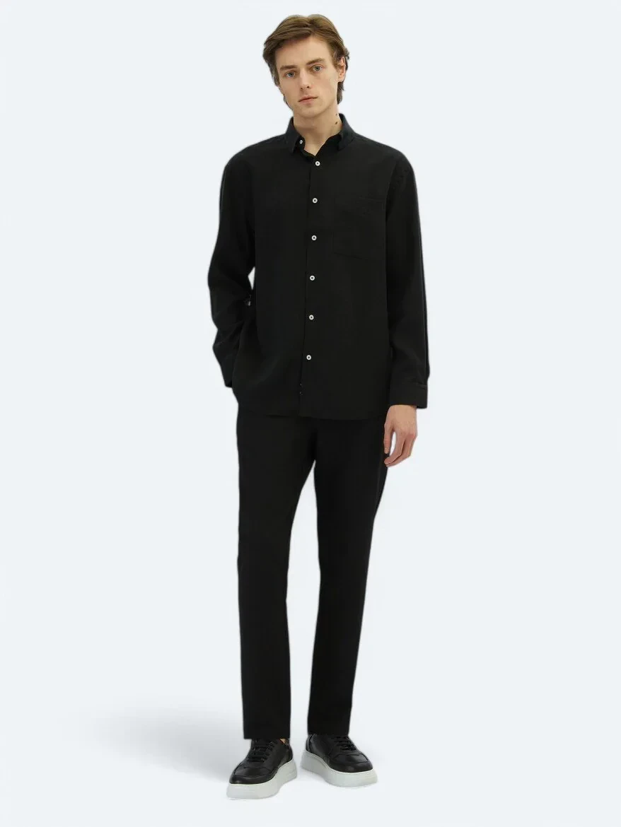 Siyah Düz Oversize Fit Dokuma Casual Gömlek - 2