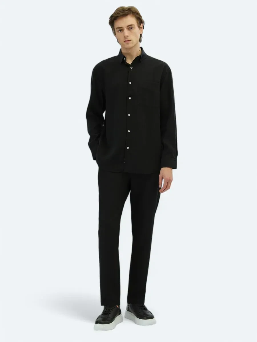 Siyah Düz Oversize Fit Dokuma Casual Gömlek - 2