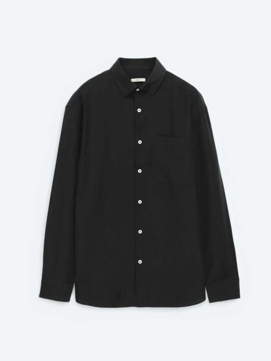 Siyah Düz Oversize Fit Dokuma Casual Gömlek - 5