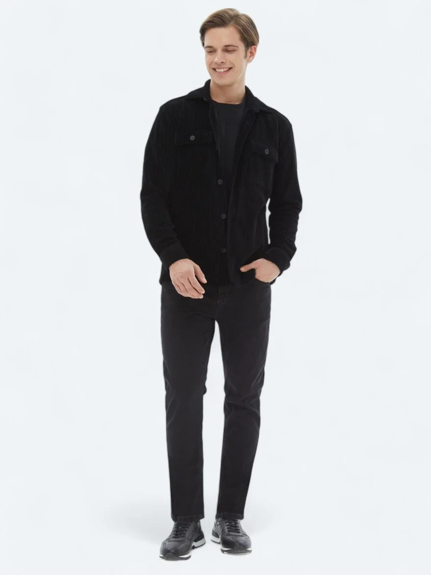 Siyah Düz Oversize Fit Pamuk Karışımlı Overshırt - 2