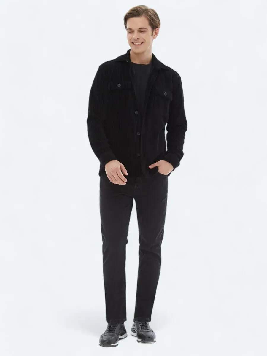 Siyah Düz Oversize Fit Pamuk Karışımlı Overshırt - 2