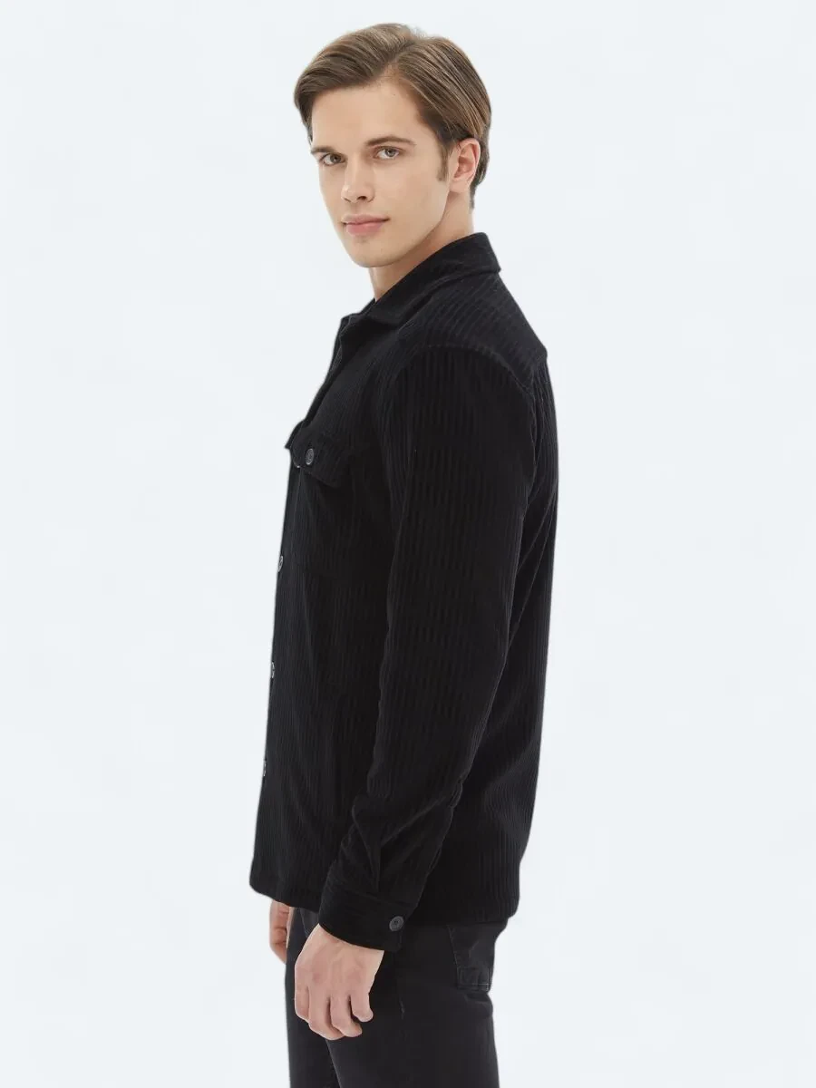 Siyah Düz Oversize Fit Pamuk Karışımlı Overshırt - 5