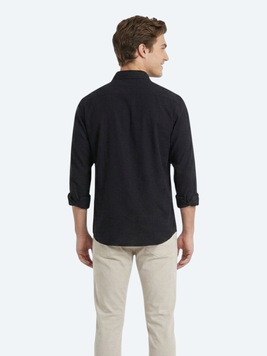 Siyah Düz Oversize Fit Dokuma Casual Gömlek - 4