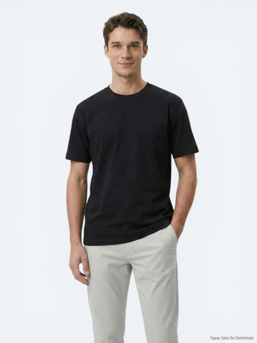 Siyah Düz Pamuk Karışımlı T-Shirt - KİP