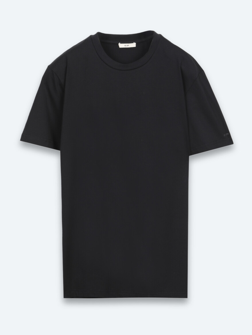 Siyah Düz Pamuk Karışımlı T-Shirt - 5