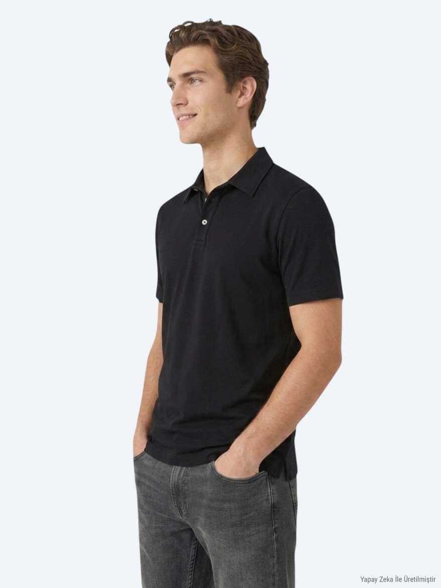 Siyah Düz Pamuk Karışımlı T-Shirt - 4