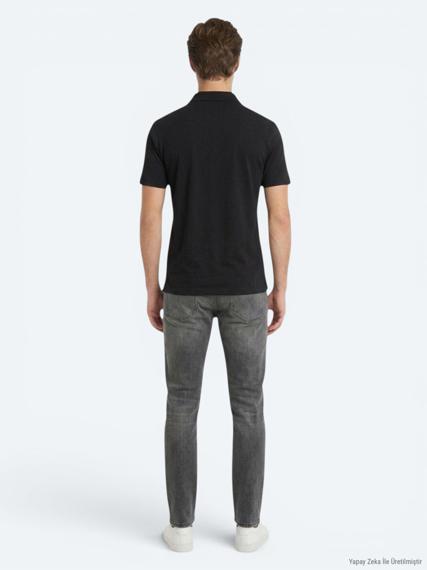 Siyah Düz Pamuk Karışımlı T-Shirt - 5