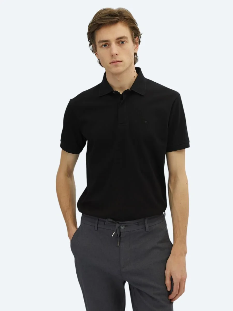 Siyah Düz Polo Yaka %100 Pamuk T-Shirt - 1