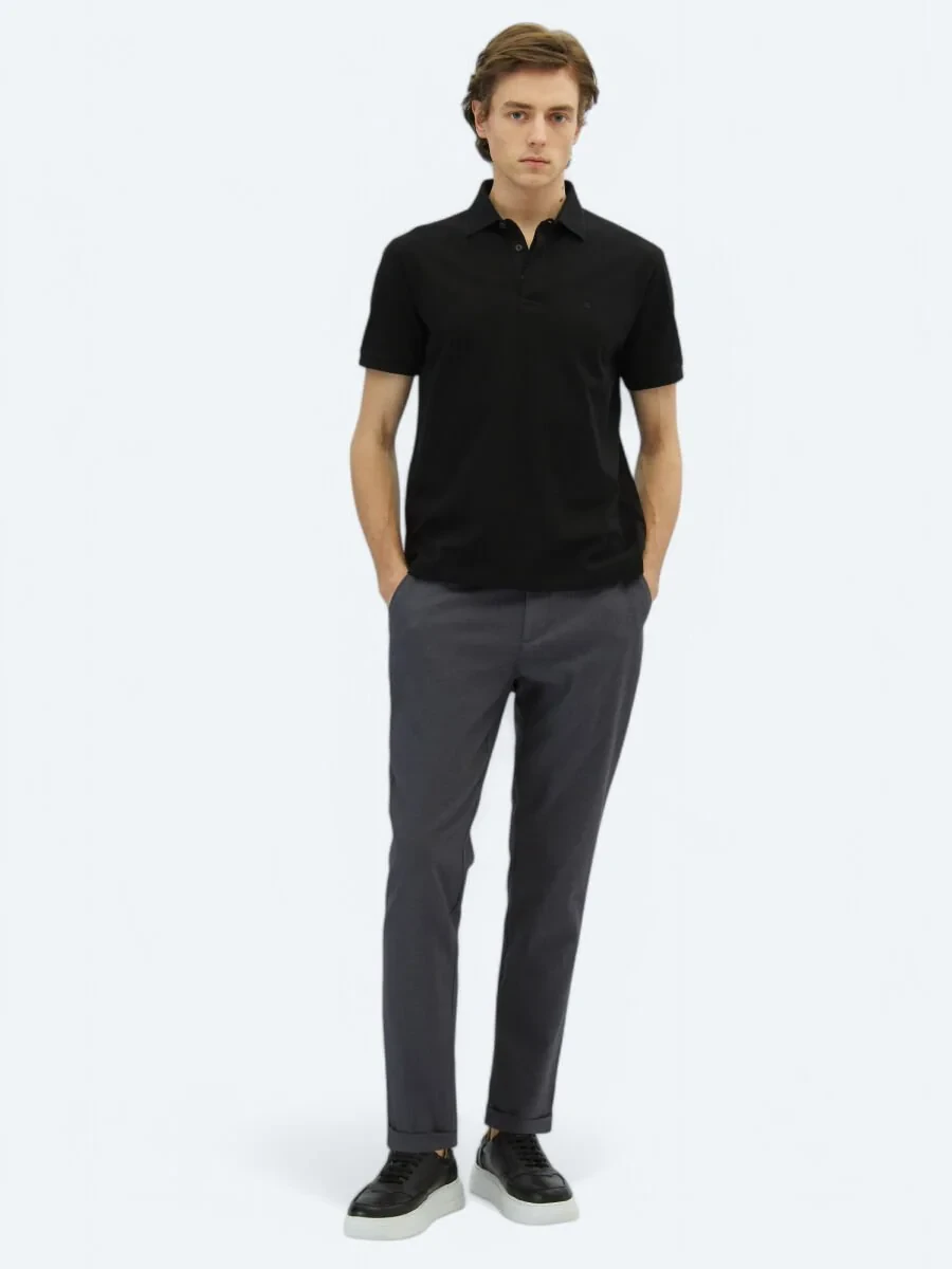 Siyah Düz Polo Yaka %100 Pamuk T-Shirt - 2