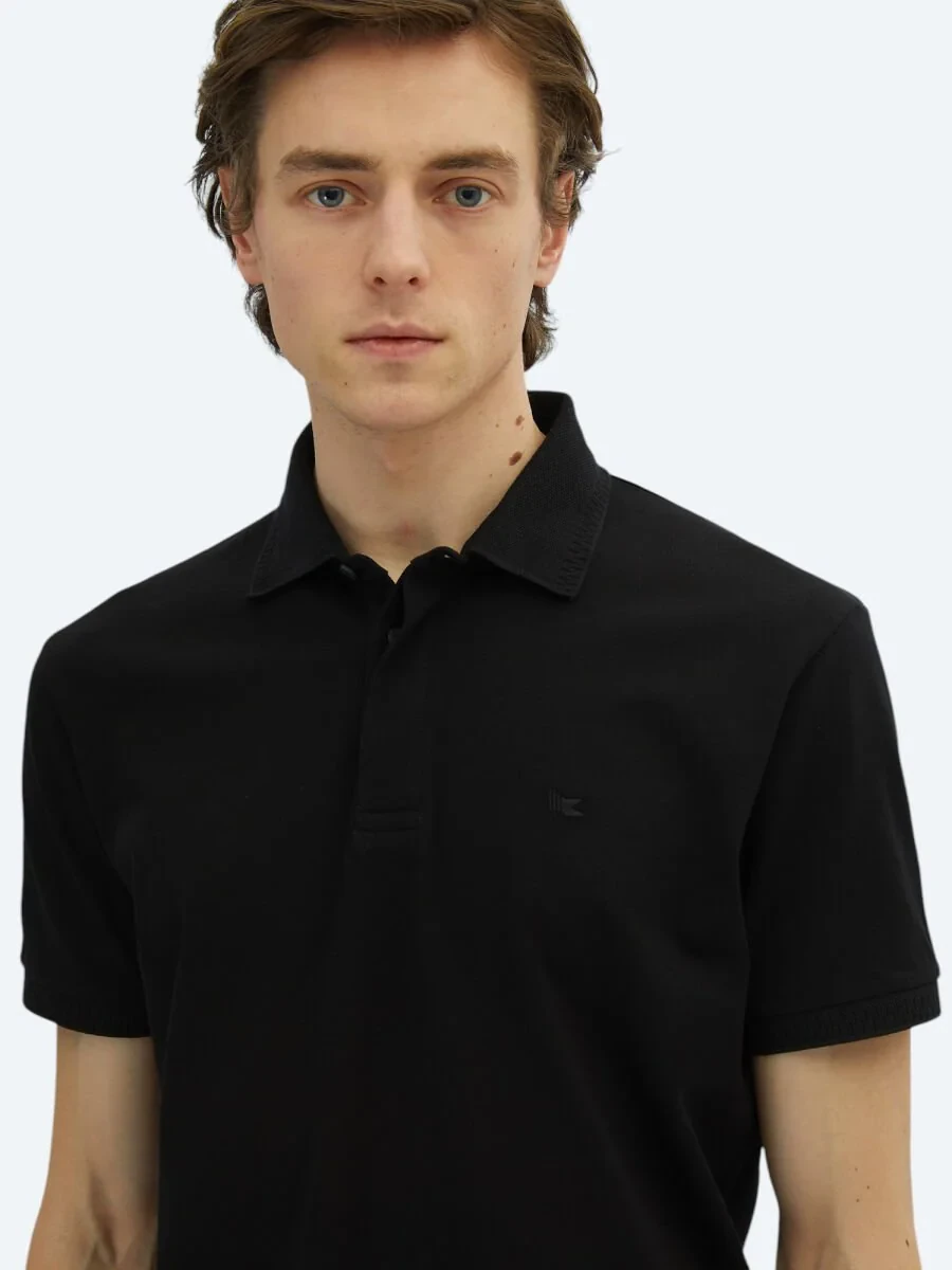 Siyah Düz Polo Yaka %100 Pamuk T-Shirt - 3