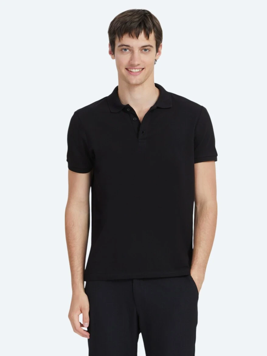 Siyah Düz Polo Yaka %100 Pamuk T-Shirt - 1