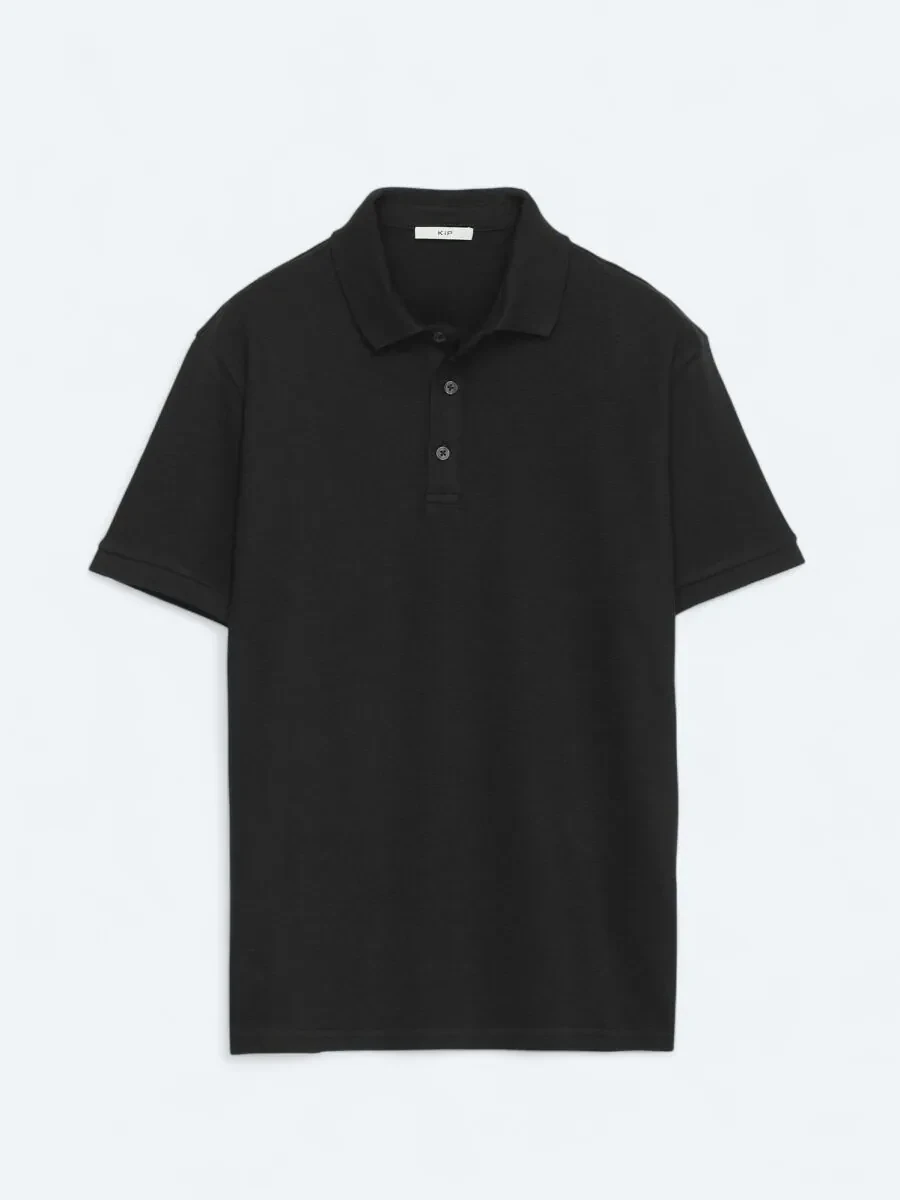 Siyah Düz Polo Yaka %100 Pamuk T-Shirt - 1