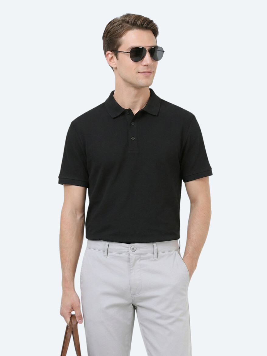 Siyah Düz Polo Yaka %100 Pamuk T-Shirt - 3