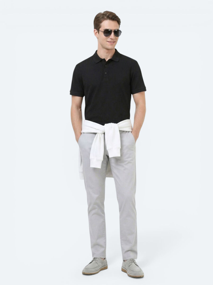 Siyah Düz Polo Yaka %100 Pamuk T-Shirt - 4