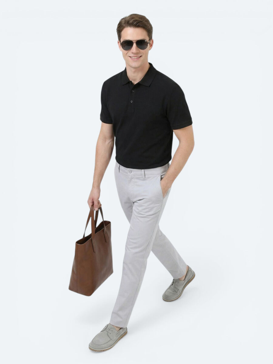 Siyah Düz Polo Yaka %100 Pamuk T-Shirt - 5