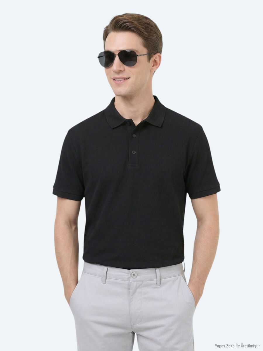 Siyah Düz Polo Yaka %100 Pamuk T-Shirt - 1