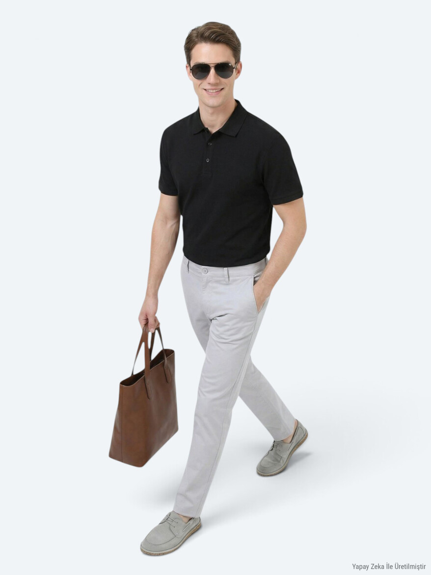Siyah Düz Polo Yaka %100 Pamuk T-Shirt - 5