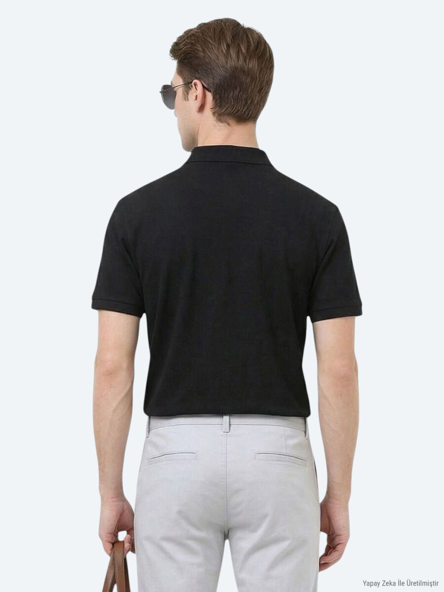 Siyah Düz Polo Yaka %100 Pamuk T-Shirt - 6