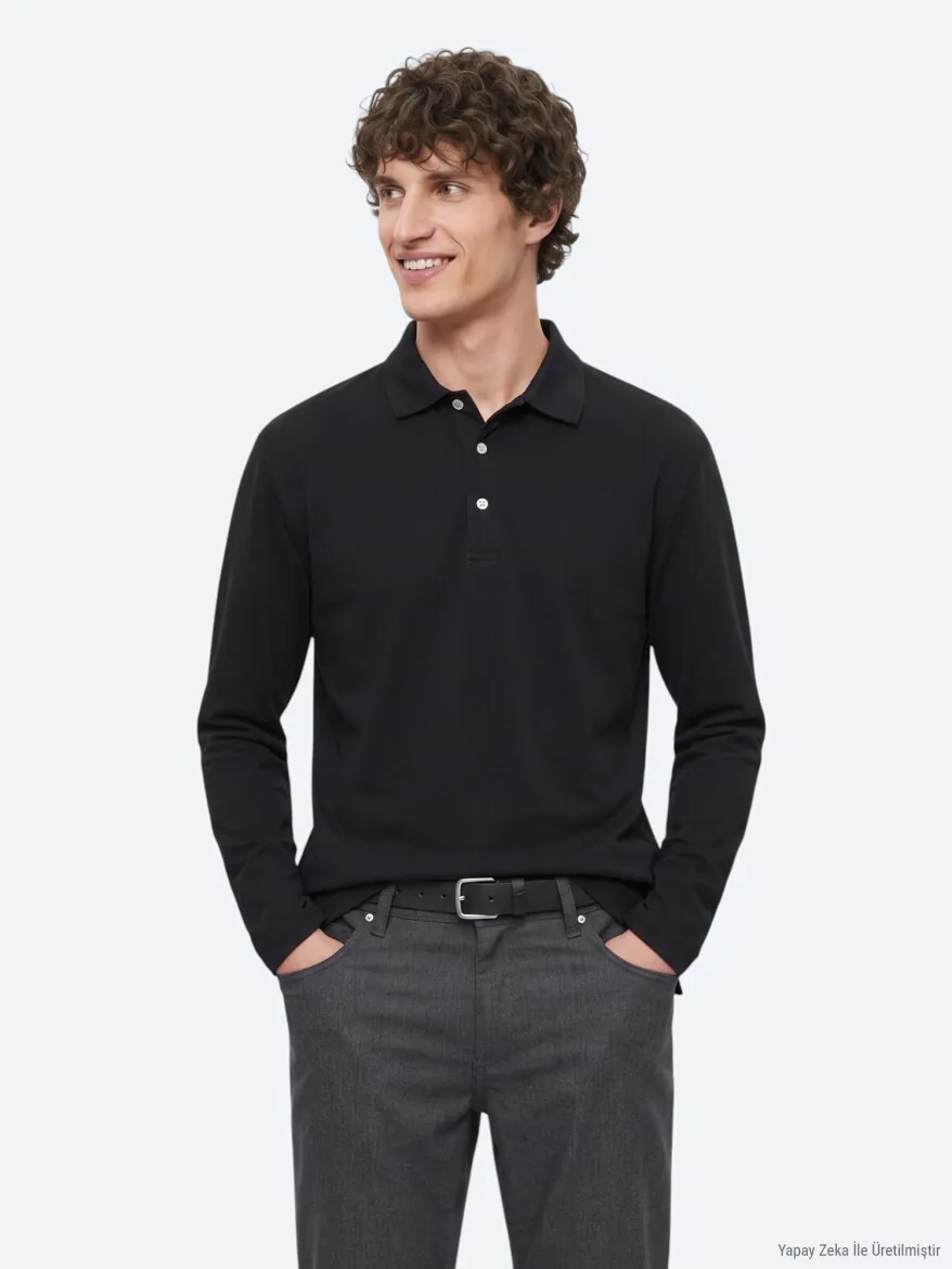 Siyah Düz Polo Yaka %100 Pamuk T-Shirt - KİP
