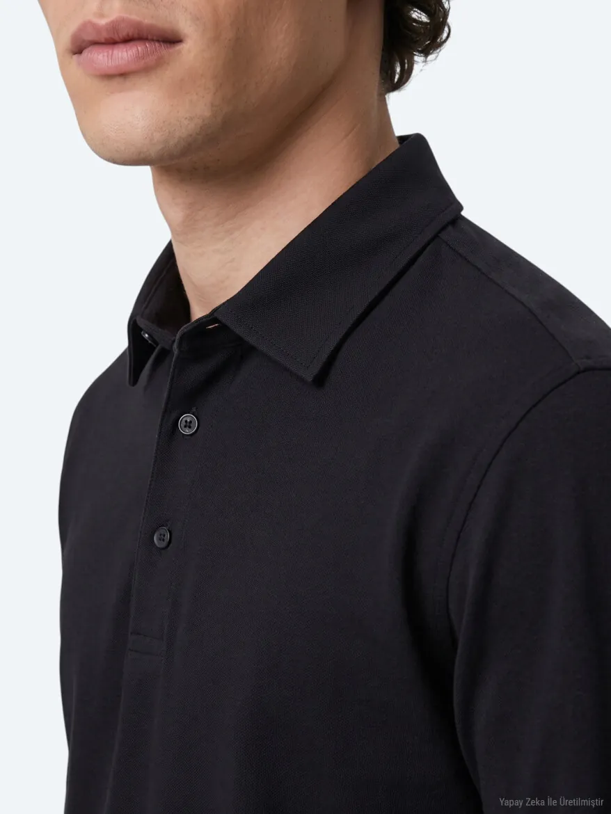 Siyah Düz Polo Yaka %100 Pamuk T-Shirt - 4