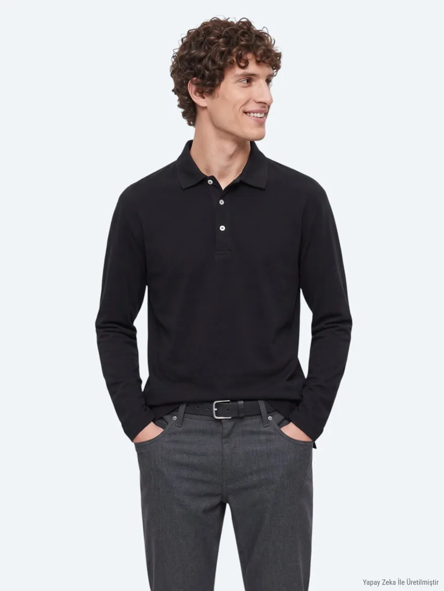 Siyah Düz Polo Yaka %100 Pamuk T-Shirt - 5
