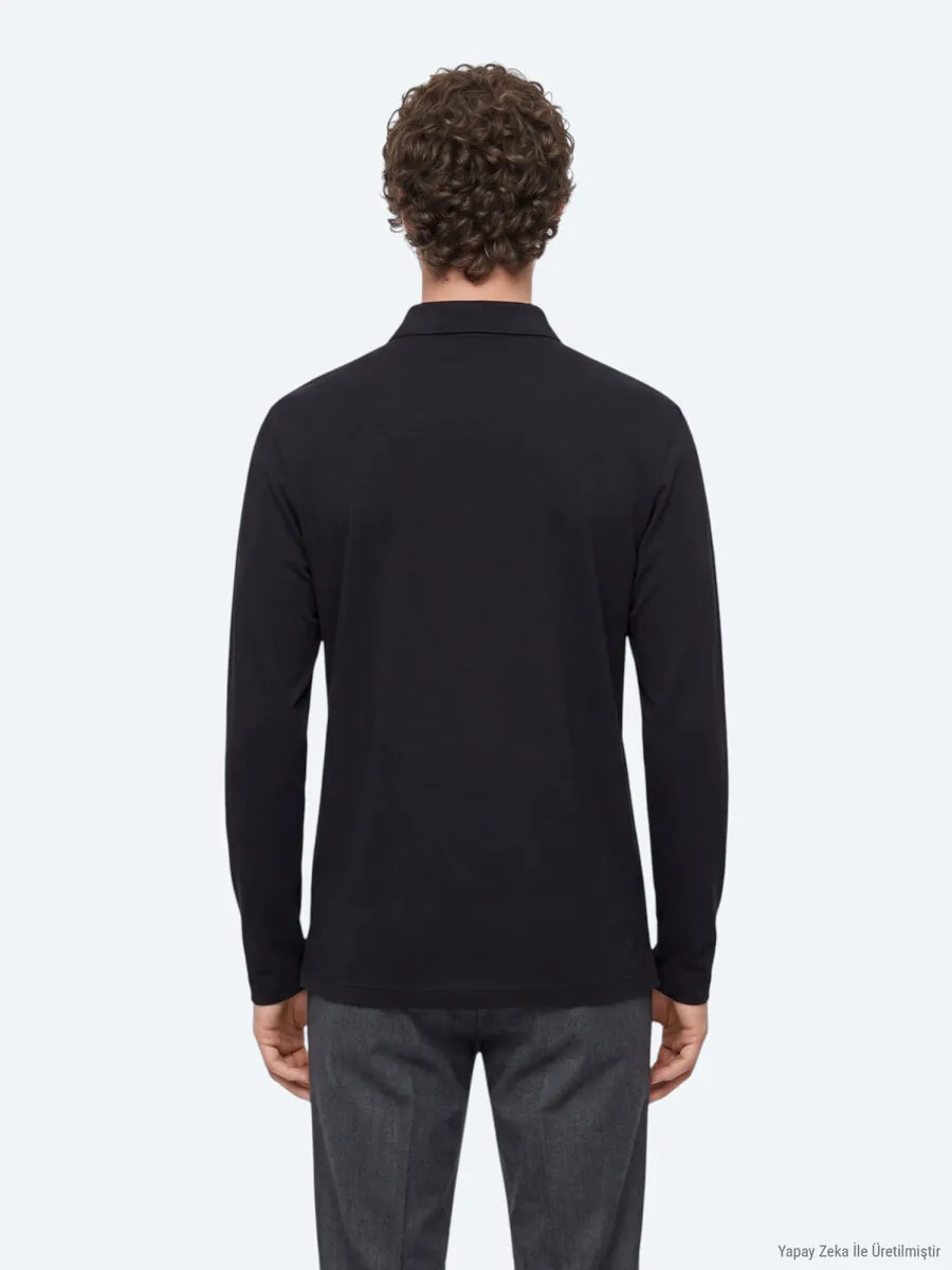 Siyah Düz Polo Yaka %100 Pamuk T-Shirt - 6