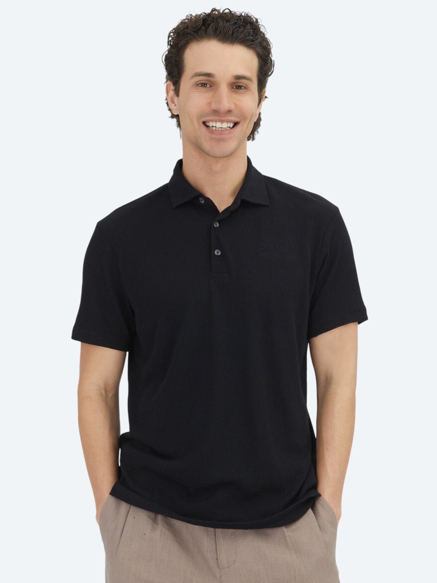 Siyah Düz Polo Yaka Pamuk Karışımlı T-Shirt 