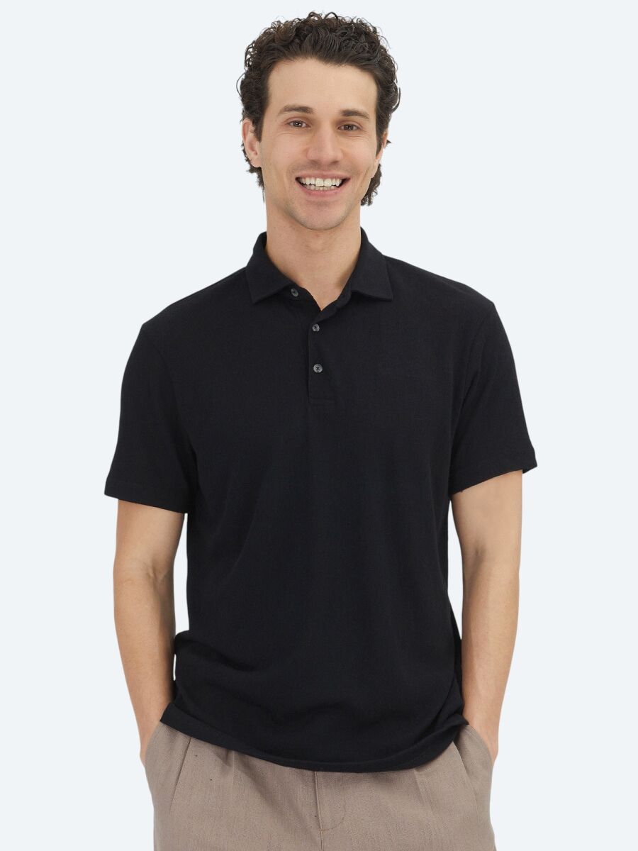 Siyah Düz Polo Yaka Pamuk Karışımlı T-Shirt - 1