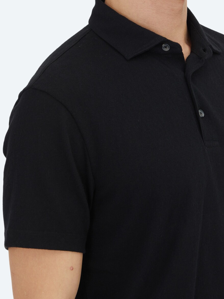 Siyah Düz Polo Yaka Pamuk Karışımlı T-Shirt - 3