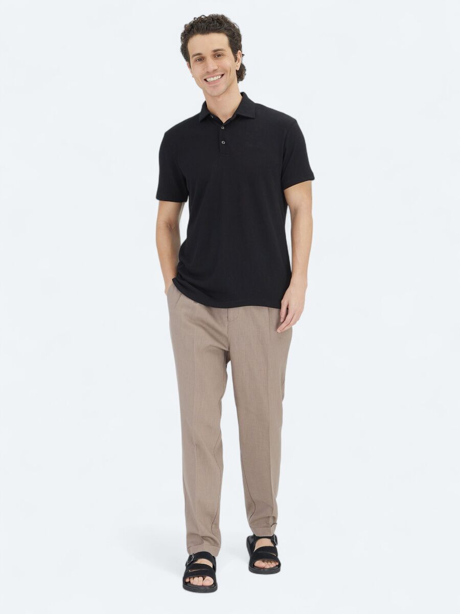 Siyah Düz Polo Yaka Pamuk Karışımlı T-Shirt - 4
