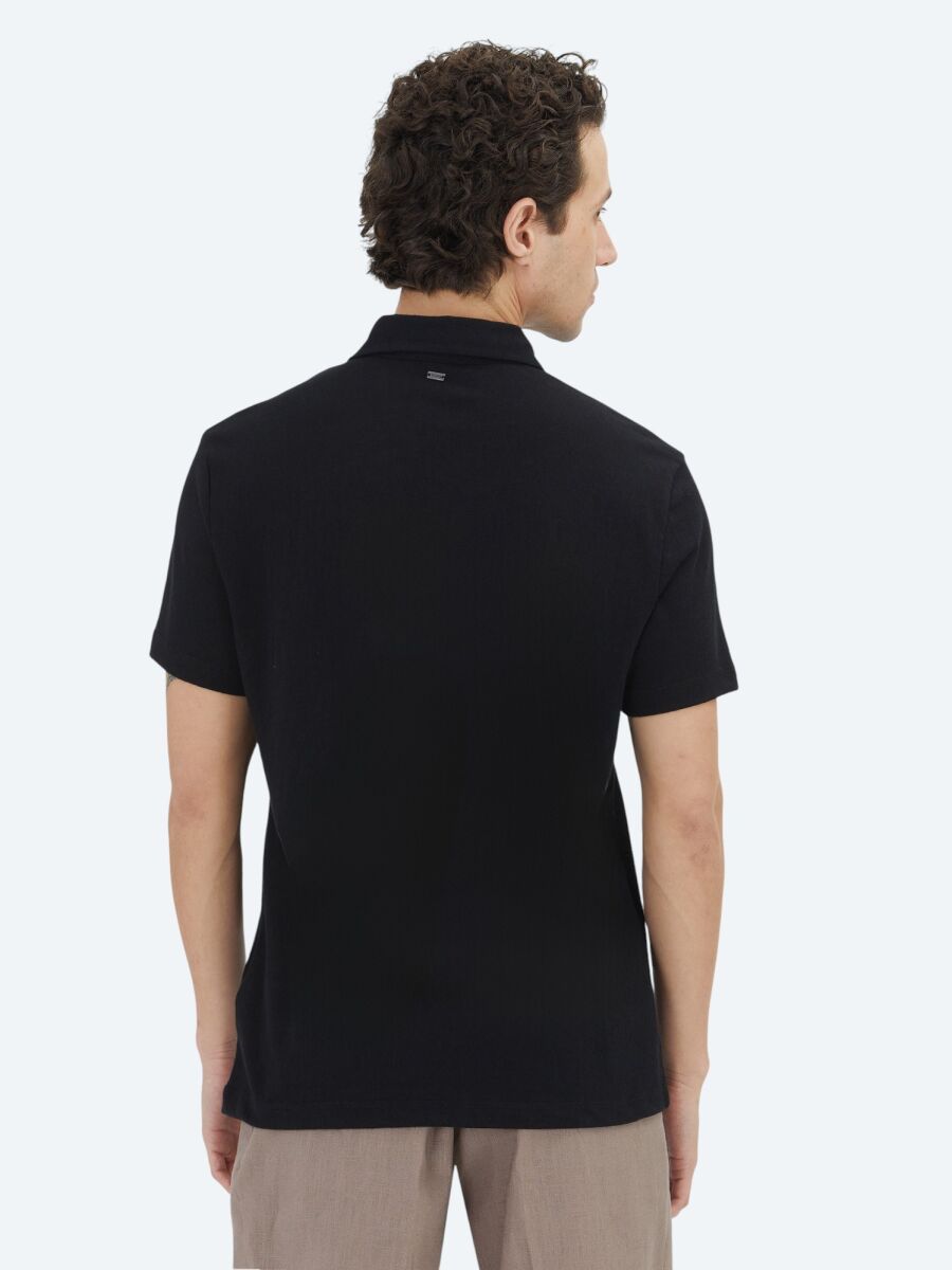 Siyah Düz Polo Yaka Pamuk Karışımlı T-Shirt - 5