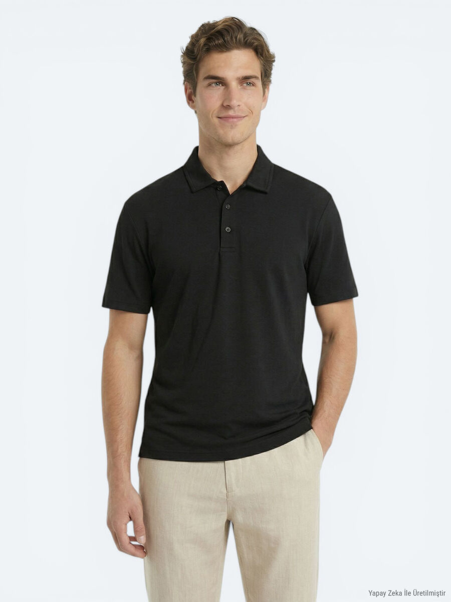 Siyah Düz Polo Yaka T-Shirt - 1