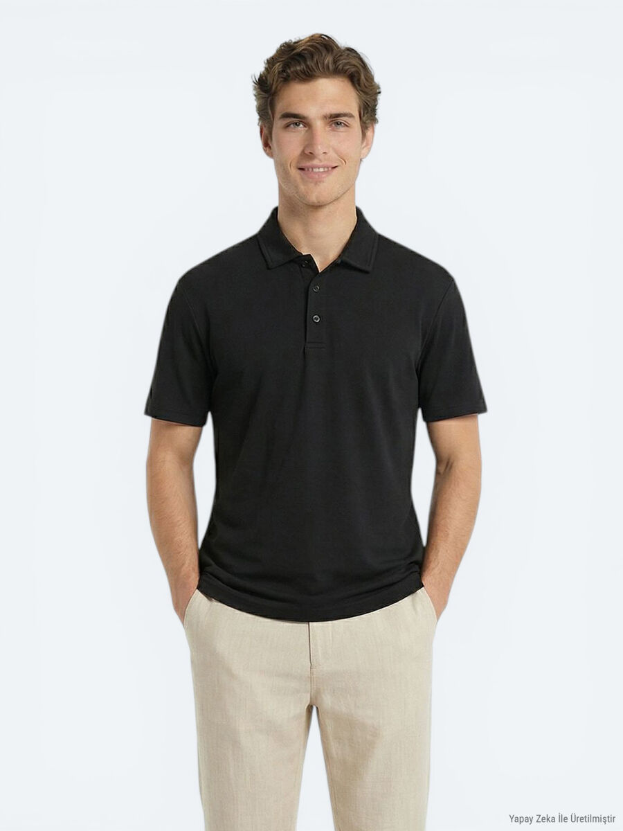 Siyah Düz Polo Yaka T-Shirt - 3