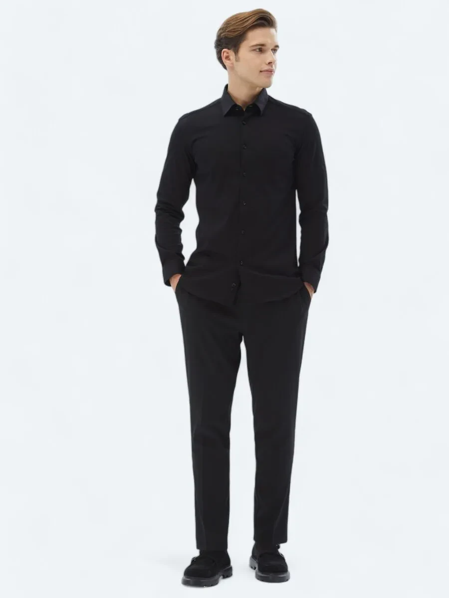 Siyah Düz Regular Fit Dokuma Casual %100 Pamuk Gömlek - 2