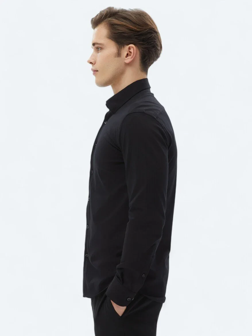 Siyah Düz Regular Fit Dokuma Casual %100 Pamuk Gömlek 