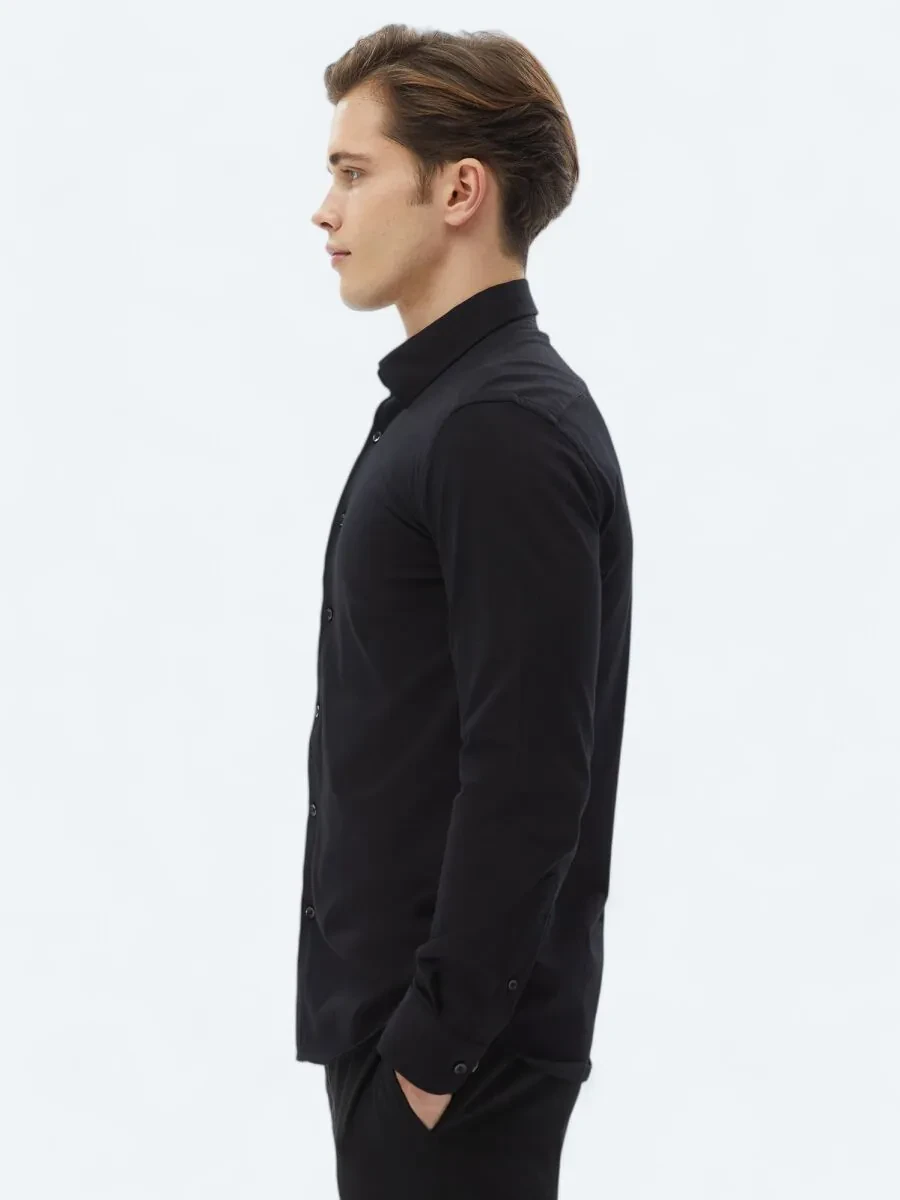 Siyah Düz Regular Fit Dokuma Casual %100 Pamuk Gömlek - 4