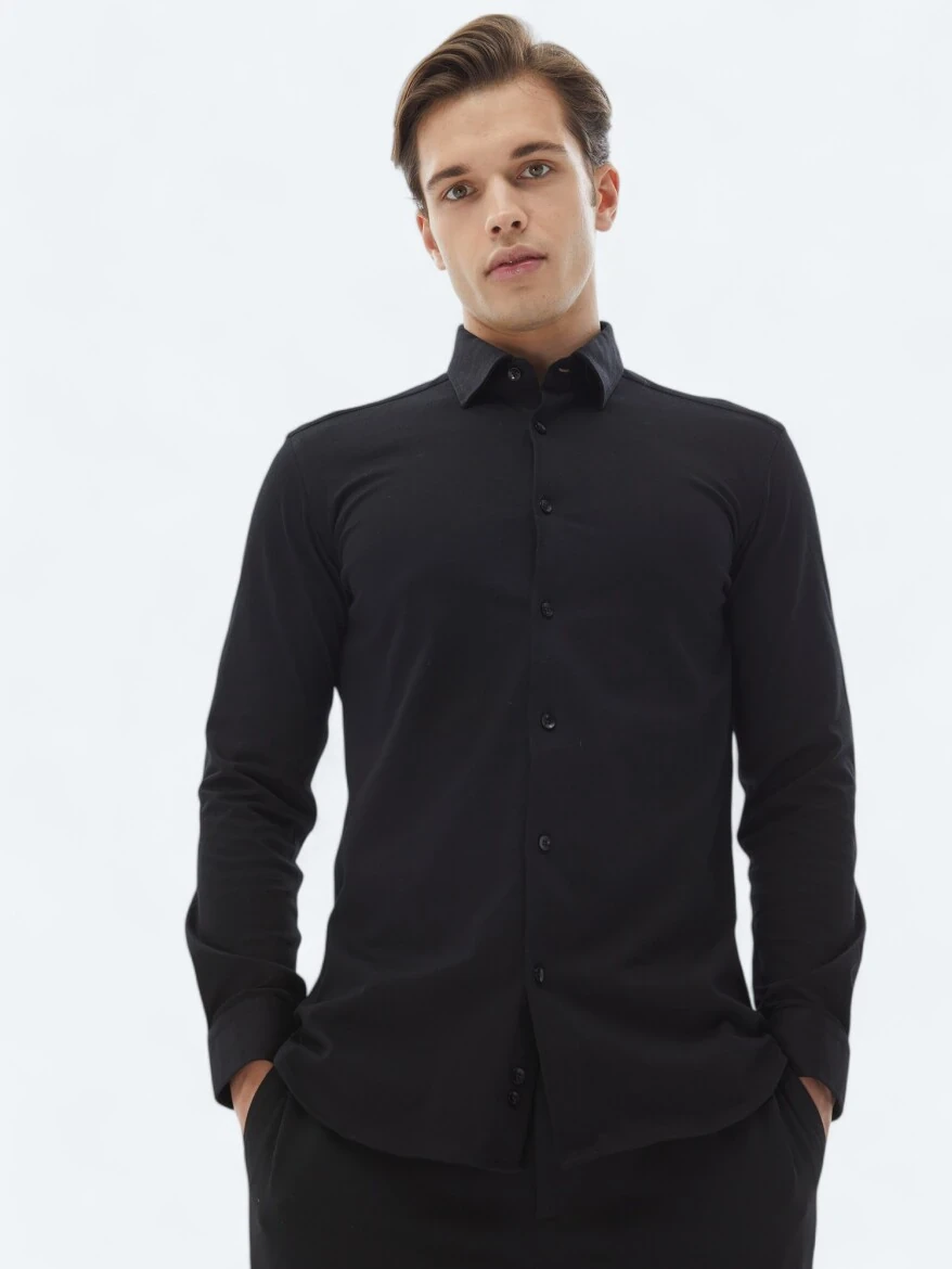 Siyah Düz Regular Fit Dokuma Casual %100 Pamuk Gömlek - 1