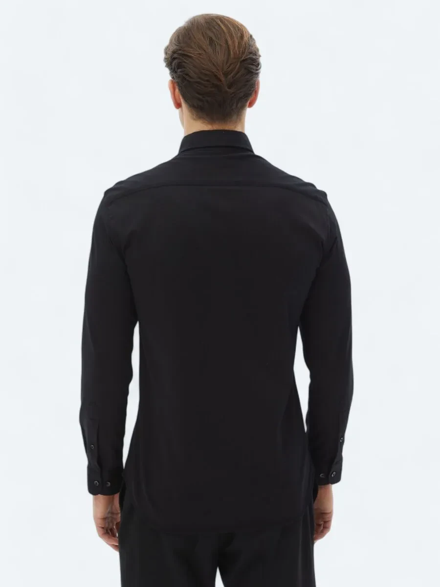 Siyah Düz Regular Fit Dokuma Casual %100 Pamuk Gömlek - 5