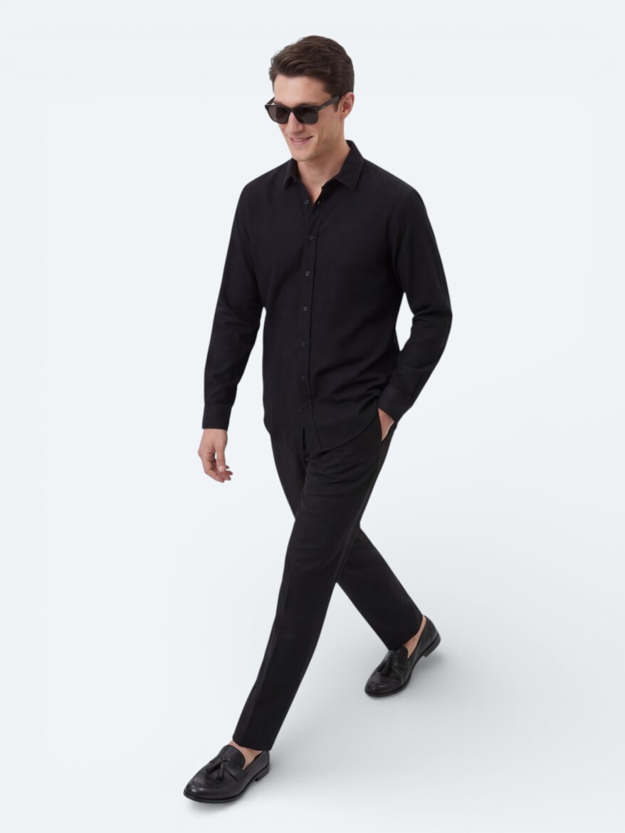 Siyah Düz Regular Fit Dokuma Casual %100 Pamuk Gömlek - 4