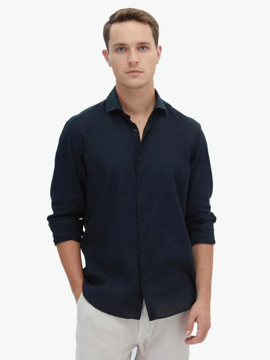 Siyah Düz Regular Fit Dokuma Casual Pamuk Karışımlı Gömlek - 2
