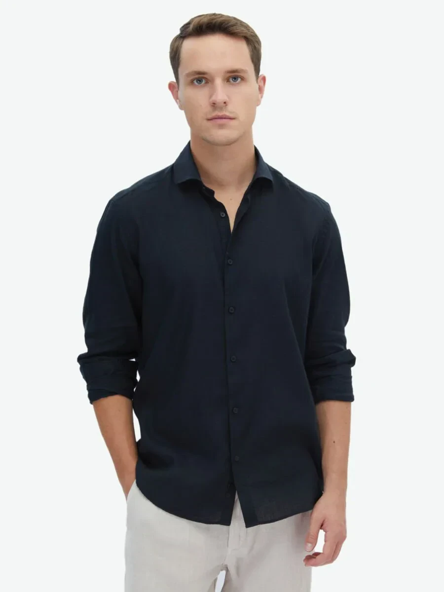 Siyah Düz Regular Fit Dokuma Casual Pamuk Karışımlı Gömlek - 2